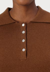 Polo shirt marrone a maglia con colletto, caratterizzato da cinque bottoni bianchi lungo la patta e una consistenza fine e morbida.