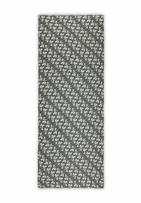 Patroonkeukenhanddoek met een grijze achtergrond en herhaalde witte motieven van muzikale noten en instrumenten. Katoenen textuur, rechthoekige vorm.