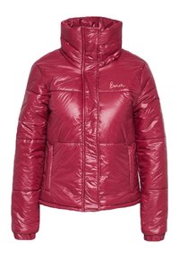 Doudoune rouge avec col montant, texture brillante, fermeture éclair sur le devant, et logo sur la poitrine gauche. Comprend des poches latérales et un design matelassé.