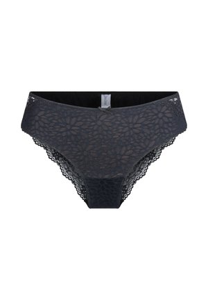 Donkere grijze kanten slipjes met een bloemenpatroon, met een gladde voorkant en kantafwerking aan de zijkanten, aangevuld met een klein strikdetail.