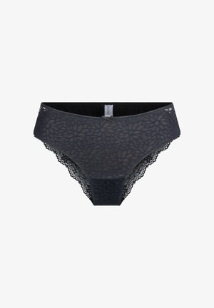 Blonde trusser i mørkegrå med blomstermønster, der har en glat front og blonder trim på siderne, suppleret med en lille sløjfedetalje.