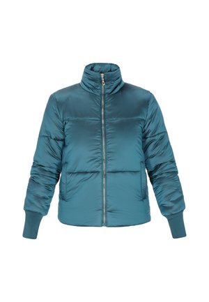Giacca puffer turchese con colletto alto, chiusura a zip e motivo trapuntato. Presenta polsini a coste e una texture di tessuto liscia e lucida.