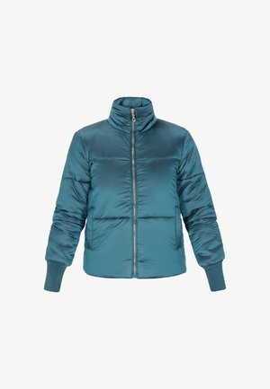 Giacca puffer turchese con colletto alto, chiusura a zip e motivo trapuntato. Presenta polsini a coste e una texture di tessuto liscia e lucida.