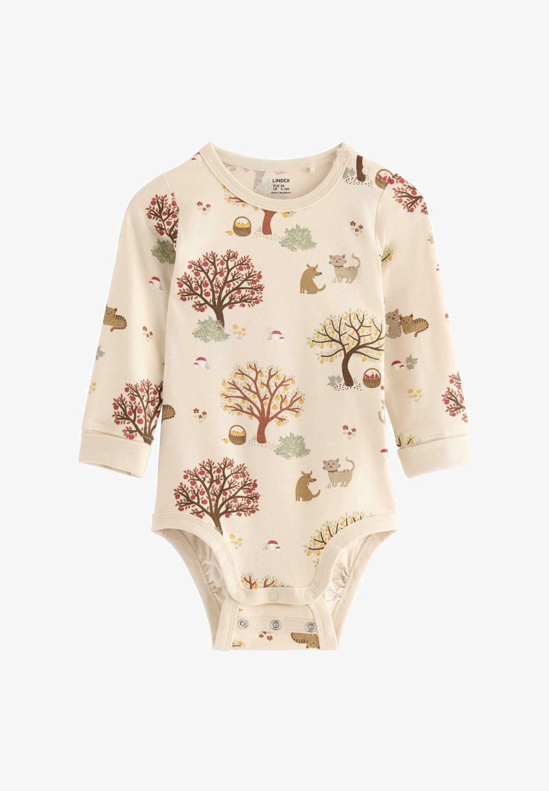 Kombinezon z długim rękawem w kremowym kolorze z kolorowym nadrukiem leśnych zwierząt i drzew. Zapięcie na napy u dołu oraz miękka, gładka faktura.