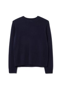 Navy-blauer Strickpullover mit rundem Ausschnitt, langen Ärmeln und lockerer Passform. Mit gerippten Bündchen und Saum für zusätzliche Textur.