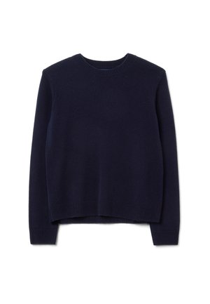 Suéter de punto azul marino con cuello redondo, mangas largas y un corte relajado. Presenta puños y dobladillo acampanados para añadir textura.