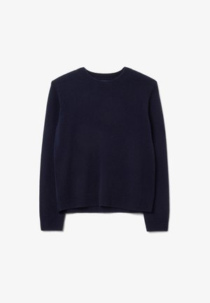 Navy blauwe gebreide trui met een ronde hals, lange mouwen en een relaxte pasvorm. Bevat ribgebreide manchetten en onderrand voor extra textuur.