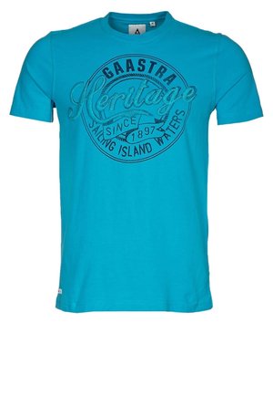 Turkusowy bawełniany t-shirt z krótkim rękawem, z okrągłym dekoltem i nadrukiem "Gaastra Heritage" ze wzorem kotwic.