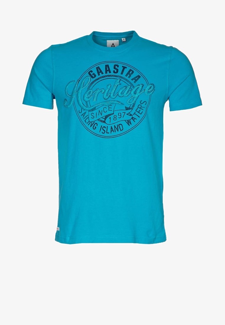 Turkusowy bawełniany t-shirt z krótkim rękawem, z okrągłym dekoltem i nadrukiem "Gaastra Heritage" ze wzorem kotwic.