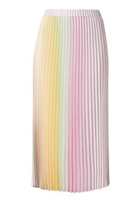 Jupe midi plissée avec plis verticaux, présentant un dégradé doux du jaune pastel au vert et au rose, avec une ceinture élastique.