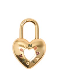 Lucchetto dorato a forma di cuore con un ritaglio centrale, circondato da lettere multicolori. Superficie metallica liscia con una finitura lucida.