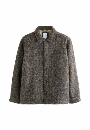 Braune und graue, strukturierte Jacke mit einer durchgehenden Knopfleiste, klassischem Kragen und einer einzelnen Brusttasche. Weicher, gewebter Stoff.
