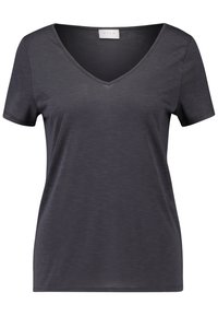 Mörkgrå V-ringad T-shirt för kvinnor med korta ärmar, mjuk textur och avslappnad passform. Har ett subtilt randigt mönster över hela.