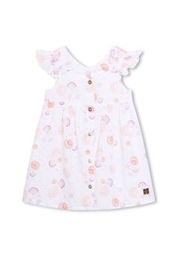 Robe en coton blanche ornée d'un motif de coquillage aux couleurs pastel. Présente des manches volantées, un front à boutons et une jupe froncée.