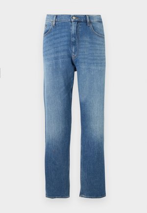 Jean en denim bleu avec coupe droite, design classique cinq poches, fermeture à bouton et zip.