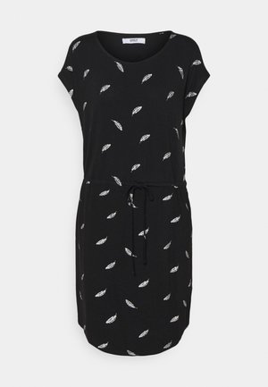 Zwarte jurk tot op de knie met korte mouwen, wit veerpatroon, ronde halslijn en een taillekoord.