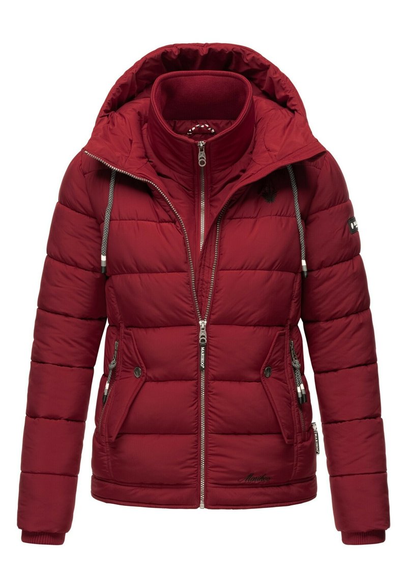 Red padded jacket with a high collar, zippered front, adjustable hood, and two side pockets. Features elastic cuffs and decorative stitching.