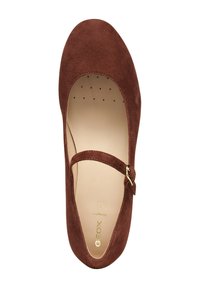 Chaussure Mary Jane en suede marron avec un bout rond, une sangle décorative avec une boucle en or, et une semelle perforée pour la respirabilité.