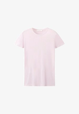 Tricou roz deschis cu mâneci scurte și guler rotund, din material neted, fără modele sau logo-uri vizibile, pe un fundal alb.