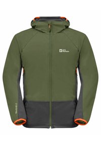 Zelená a šedá bunda s kapucí. Vyrobena z měkkého materiálu, má oranžový zip a detaily, kapsy na zip a branding "Texashield".