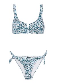 Bikini set s kvetinovým vzorom, ktorý obsahuje top s výstrihom do V s tenkými ramienkami a zodpovedajúce spodné diely s bočnými viazaniami. Farby zahŕňajú tealovú, bielu a ružovú.