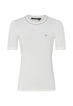 White short-sleeve fitted top with round neckline, gold trim, and small heart emblem on the left chest.