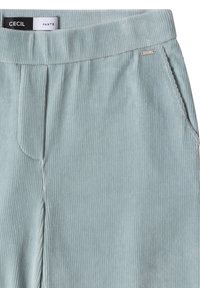 Jasnoniebieskie spodnie z korduru o prążkowanej teksturze, elastycznym pasku w talii, bocznych kieszeniach oraz małej metalowej metce z napisem "CEcil."