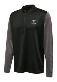 Sort og mørkegrå sportstrøje med lange ærmer, kvartlynlås foran, hummel-logo på brystet og chevron-striber på ærmet.