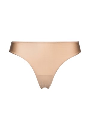 Nude naadloze string gemaakt van gladde, rekbare stof. Heeft een laag uitgesneden ontwerp met minimale bedekking en geen zichtbare naden.