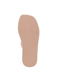 Sole di sandalo beige chiaro con superficie testurizzata, logo inciso e design piatto. Le caratteristiche includono scanalature e una finitura liscia.