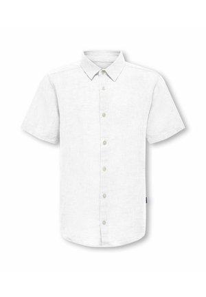 Chemise blanche à manches courtes avec col, boutons sur le devant et une petite étiquette sur le côté, présentée sur un fond uni.
