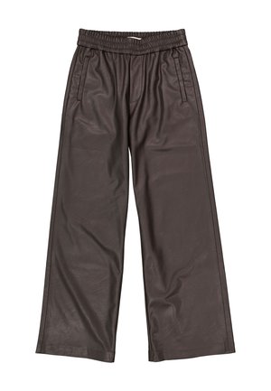 Bruine leren brede broek met een elastische tailleband, zijzakken en een gladde textuur. Heeft een relaxte pasvorm en minimale stikdetails.