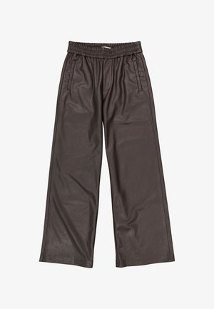 Braune Leder-Hosen mit weitem Bein, elastischem Bund, Seitentaschen und glatter Textur. Merkmale sind eine lockere Passform und minimale Nähdetails.
