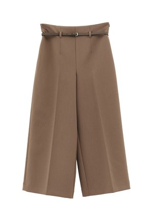 Pantalon large marron raccourci avec une taille haute et une fine ceinture marron foncé, présenté sur un fond blanc.