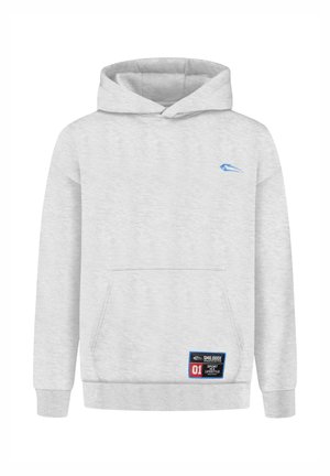 Grijze pullover hoodie van zachte stof, met een zak aan de voorkant, ribbels aan de mouwen en onderrand, met een blauw logo en een patch onderaan.