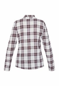 Langærmet skjorte med hvid og mørkerød ternet mønster, vist fra ryggen med krave og lige søm.