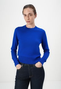Pulover tricotat albastru cu guler rotund și mâneci lungi. Designul are o talie ajustată și manșete cu nervuri pentru un fit strâns.