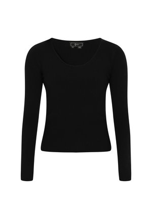 Haut noir à manches longues côtelé avec un col en U et une coupe ajustée, fabriqué en textile doux. Il présente une texture unie et sans quincaillerie visible.