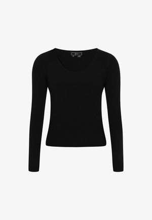 Black ribbed long-sleeve top with a scoop neck and fitted design, made from soft textile. Features a plain texture and no visible hardware.
