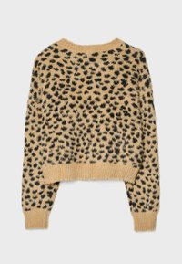 Flauschiger beiger Pullover mit schwarzen Leopardenflecken, cropped Design, runder Ausschnitt und gerippten Bündchen und Saum. Weicher Stoff.