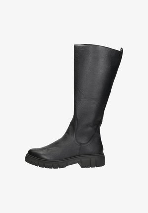 Zwarte leren kniehooglaars met een afgeronde neus, een gestructureerd oppervlak en een dikke rubberen zool voor grip. Beschikt over een naadloze uitstraling en een lichte hak.