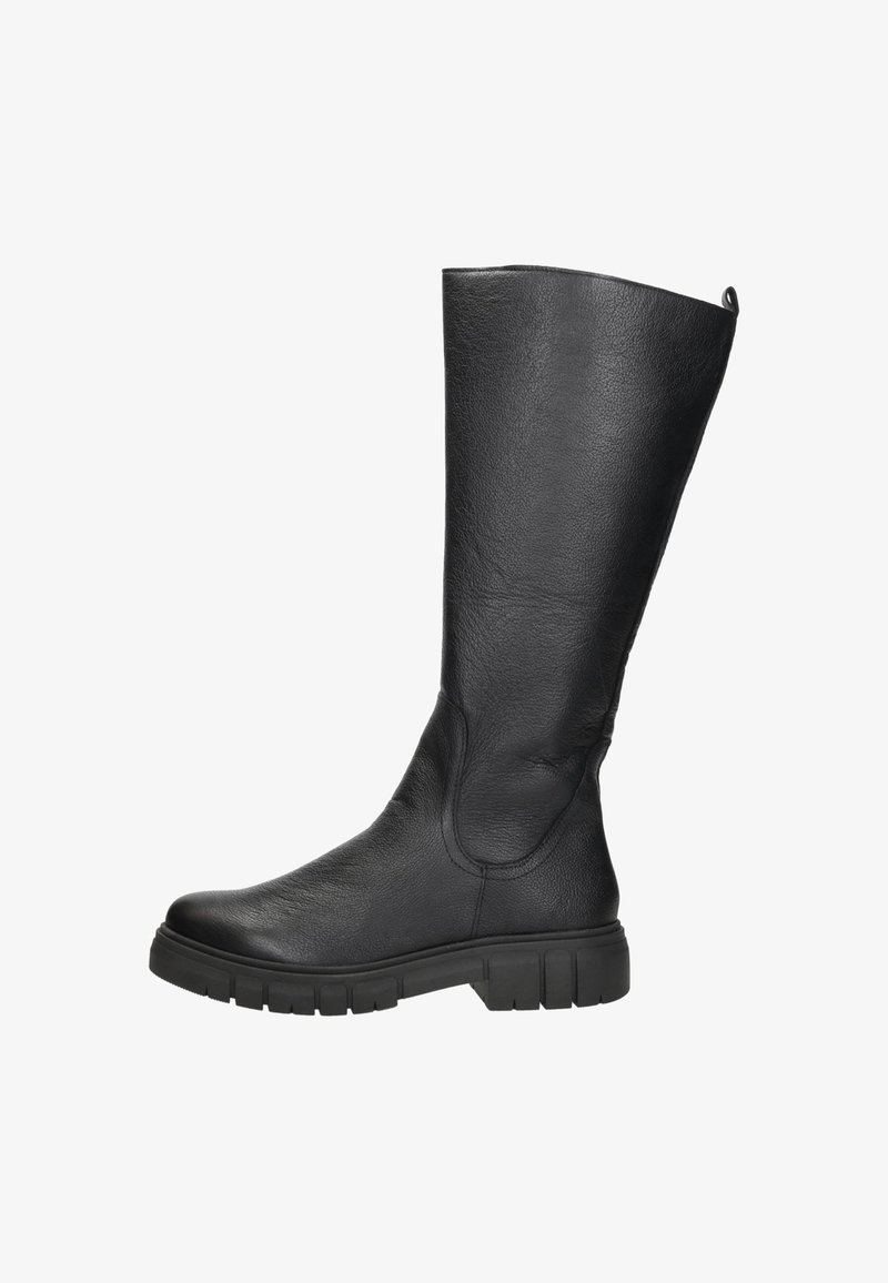 Botte noire en cuir jusqu'au genou avec un bout rond, une surface texturée et une semelle en caoutchouc épaisse pour l'adhérence. Présente un design sans couture et un léger talon.