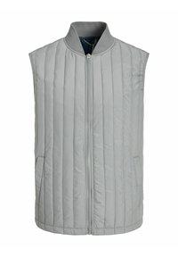 Rutig grå väst med hög krage, dragkedja framtill och sidfickor, tillverkad av lätt material och har horisontell sömnad.