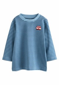 Kék és sötétkék csíkos, hosszú ujjas póló, kerek nyakkal, piros hímzett béka részlettel a mellrészen. Puha pamut anyag.