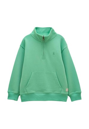 Groene sweatshirt met kwart rits, hoge kraag, voorzak in kangaroestijl, geribbelde manchetten en zoom, en een klein geborduurd logo op de borst.