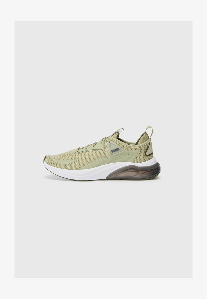 Light green mesh sneaker with a white midsole and translucent dark grey outsole. Features laces, branding on the side, and a heel tab.