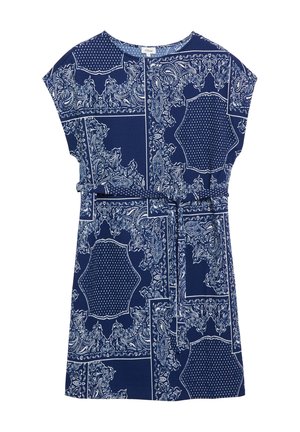 Robe bleu marine à manches courtes avec motifs cachemire blancs et géométriques et ceinture en tissu assortie à la taille.