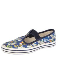 Blauwe canvas schoen met elastische band, met een kleurrijk ruimte-thema print en een witte rubberen zool met blauwe strepen.