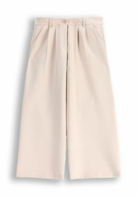 Beżowe szerokie spodnie z miękkiego materiału z wysokim stanem, plisami z przodu i bocznymi kieszeniami.