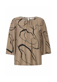 Braune Bluse mit schwarzen abstrakten Linienmustern, rundem Ausschnitt, Falten an den Schultern und dreiviertellangen Ärmeln. Rückseite mit Schlitzdetail.